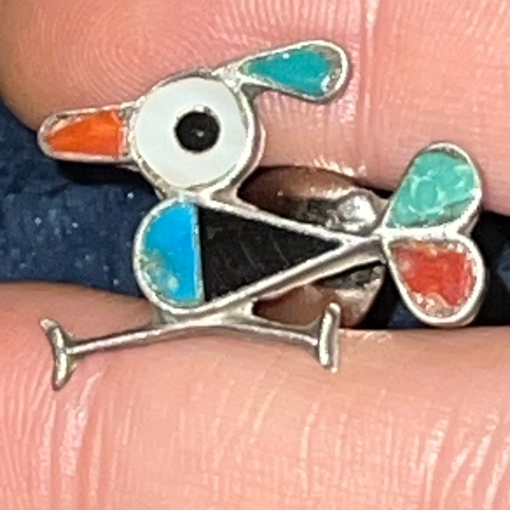 Zuni Native American Sterling Silver Inlaid Road Runner Pin Brooch Tie Tack